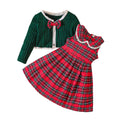 Autumn Winter Boutique Collection Long Sleeve Cardigan Plaid Dress Casual 2Pcs Kids Girl Outfits for Christmas Wholesale