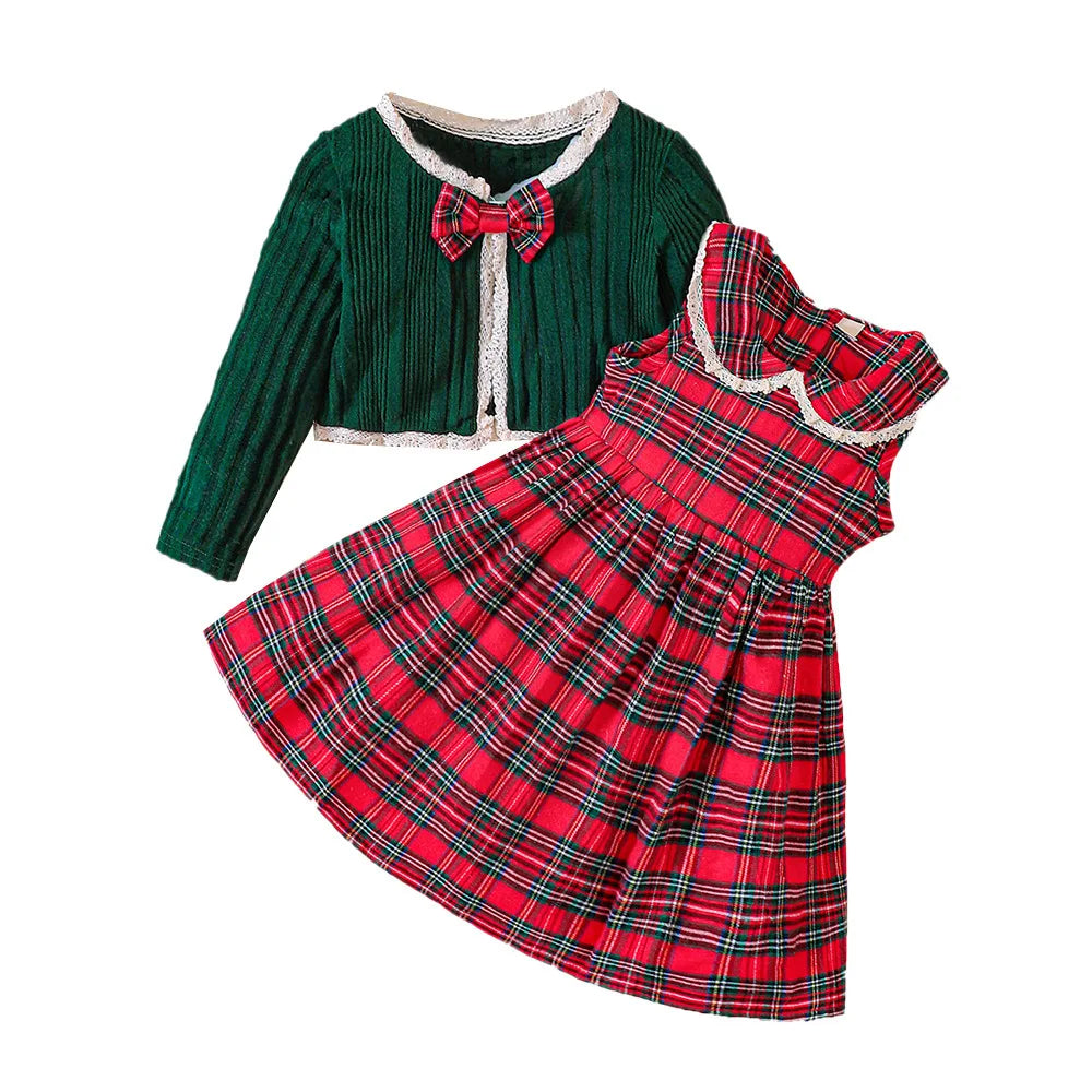 Autumn Winter Boutique Collection Long Sleeve Cardigan Plaid Dress Casual 2Pcs Kids Girl Outfits for Christmas Wholesale