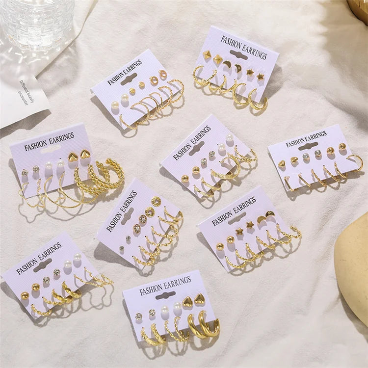 Hot Sell Gold Plated Metal Hoop Earrings Set Crystal Geometric Dangle Dainty Heart Stud  Earrings for Women Jewelry