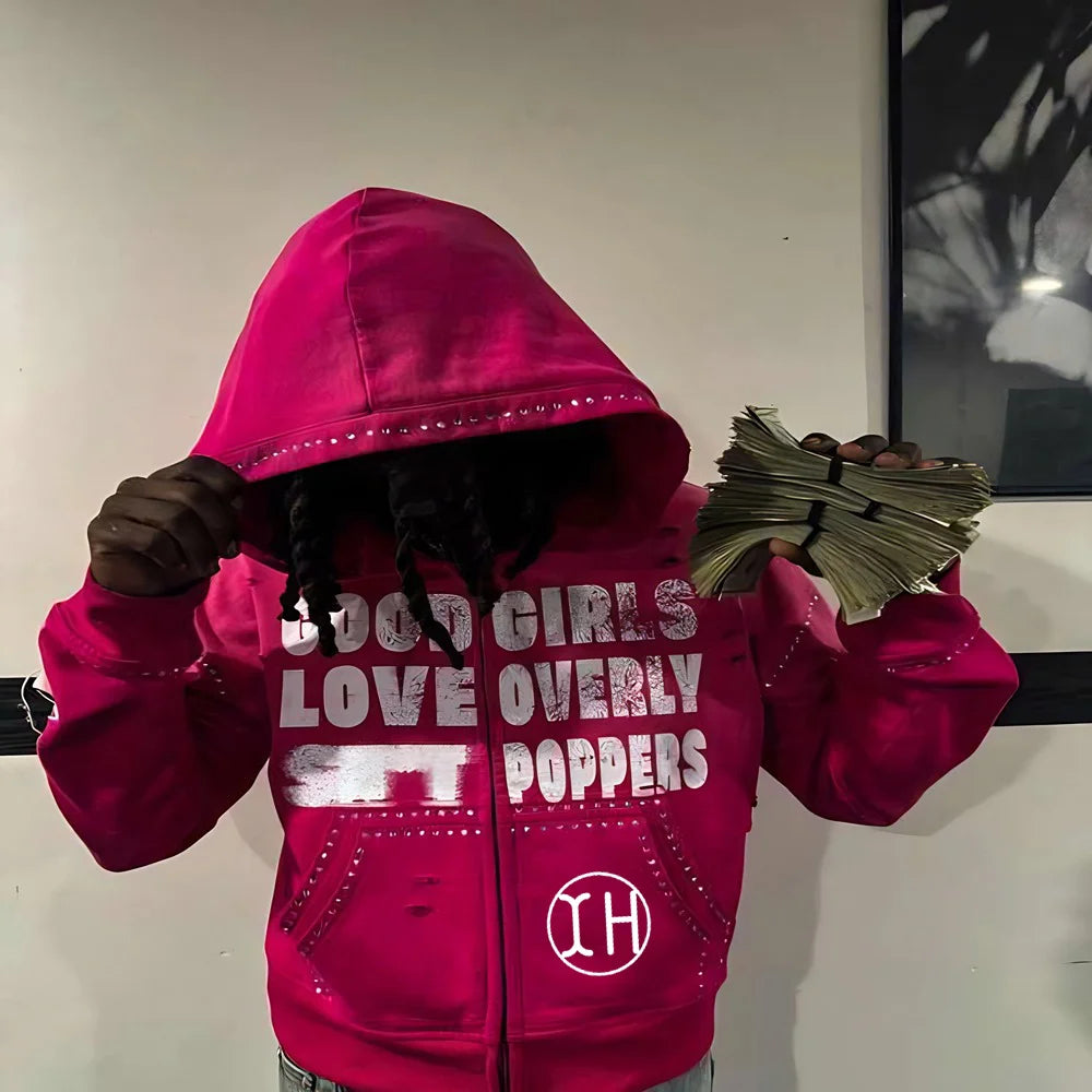 Wholesale Men Vintage Acid Washed Rhinestone Double Kangaroo Pockets Sweatshirts Full Zipper Long Sleeve Fleece Hoodies