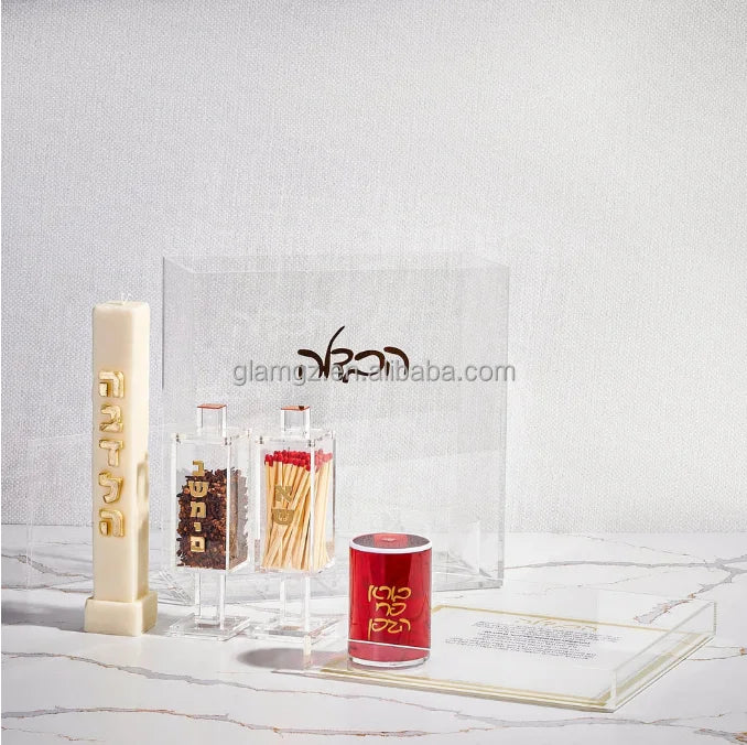 Judaica Jewish Classic Match Jar Besamim Jar Candle Tray Cup Acrylic Luctie Havdalah Set