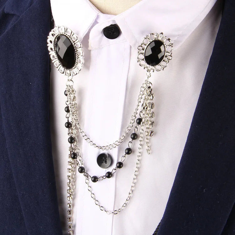 Men's Wedding Engagement Suit Brooch Chain Trendy Fringe Blazer Pin Badge Alloy Plating Oval Black Gemstone Parties Gifts