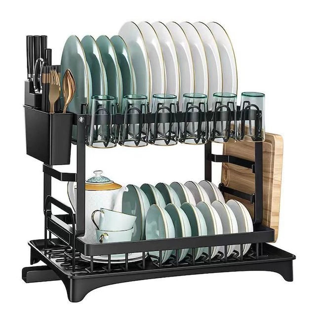 Kitchen Countertop Dish Drainer with Drainer Tray Chopstick Cylinder Black Large Capacity 2 Tier Dish Drying Rack