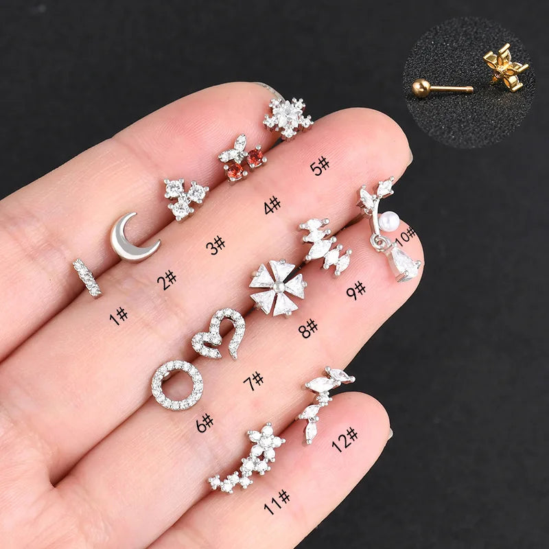 0.8mm Stainless Steel Rod Rhinestone Ear Bone Screw Nails Piercing Jewelry Star Moon Flower Stud Earring for Wedding Engagement