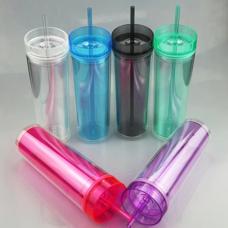 Popular 22oz Double Wall Bpa Free Insulated  Plastic Mugs Cup Reusable Water Bottle Acrylic Skinny  Tumbler With Lid and Straw