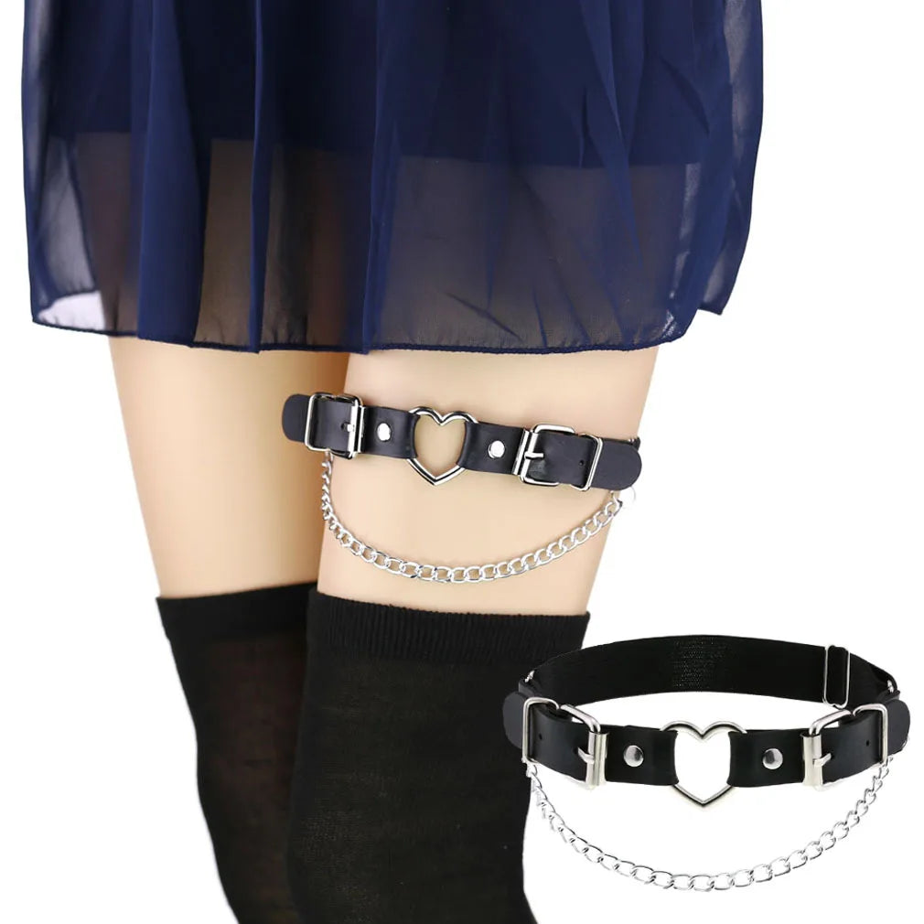 Cosplay Rock Pub Girls Harajuku Gothic Thigh Garter Studded Heart Chain Leg Ring Punk Pu Leather Adjustable Garter Belt