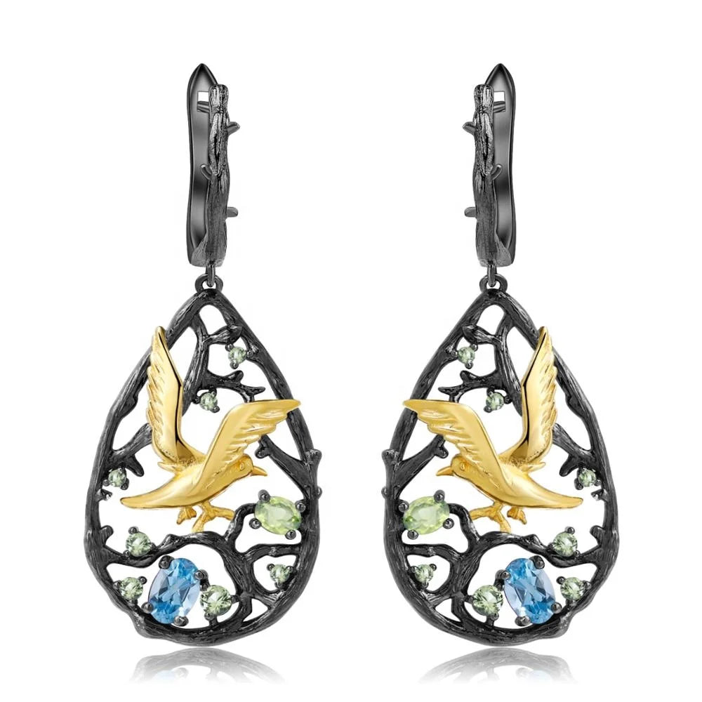 Abiding Natual Blue Topaz Peridot Gemstone Fashion Jewelry 925 Sterling Silver Earring for Women