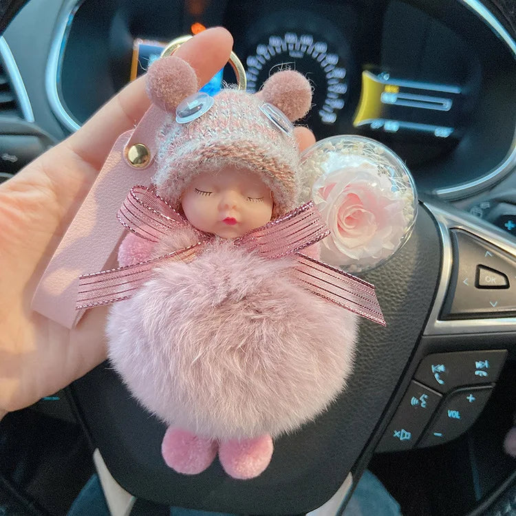Cute Rose Flower Keychain Plush Doll Bag Charm Pendant Gifts Sleeping Baby Doll Keychain Pom Pom Key Chains Pompom Baby Keychain
