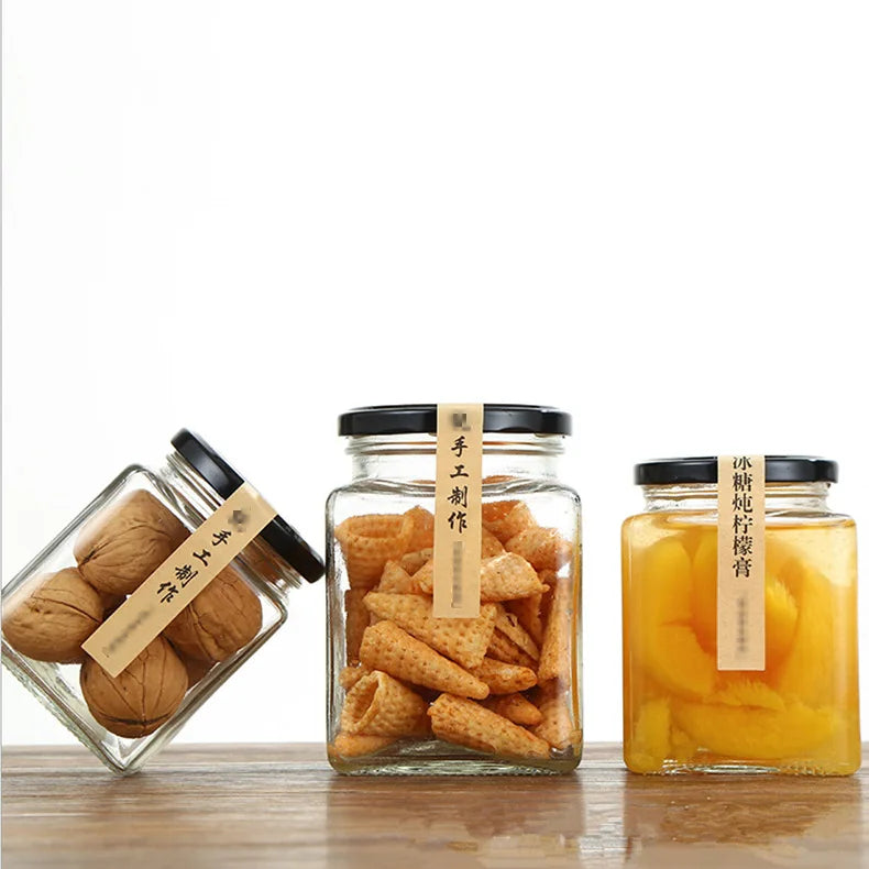 Wholesale Refillable Square Glass Storage Jar with Lid for Food Salsa Jam Pickle Spice 180 ml 280 ml 500 ml 730 ml