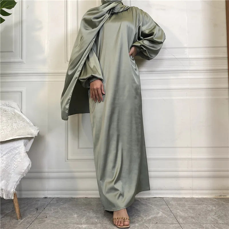 New Design Printed Satin Polyester Dress Long Abaya Islamic Prayer Abaya With Pocket Fashion Abaya for Women