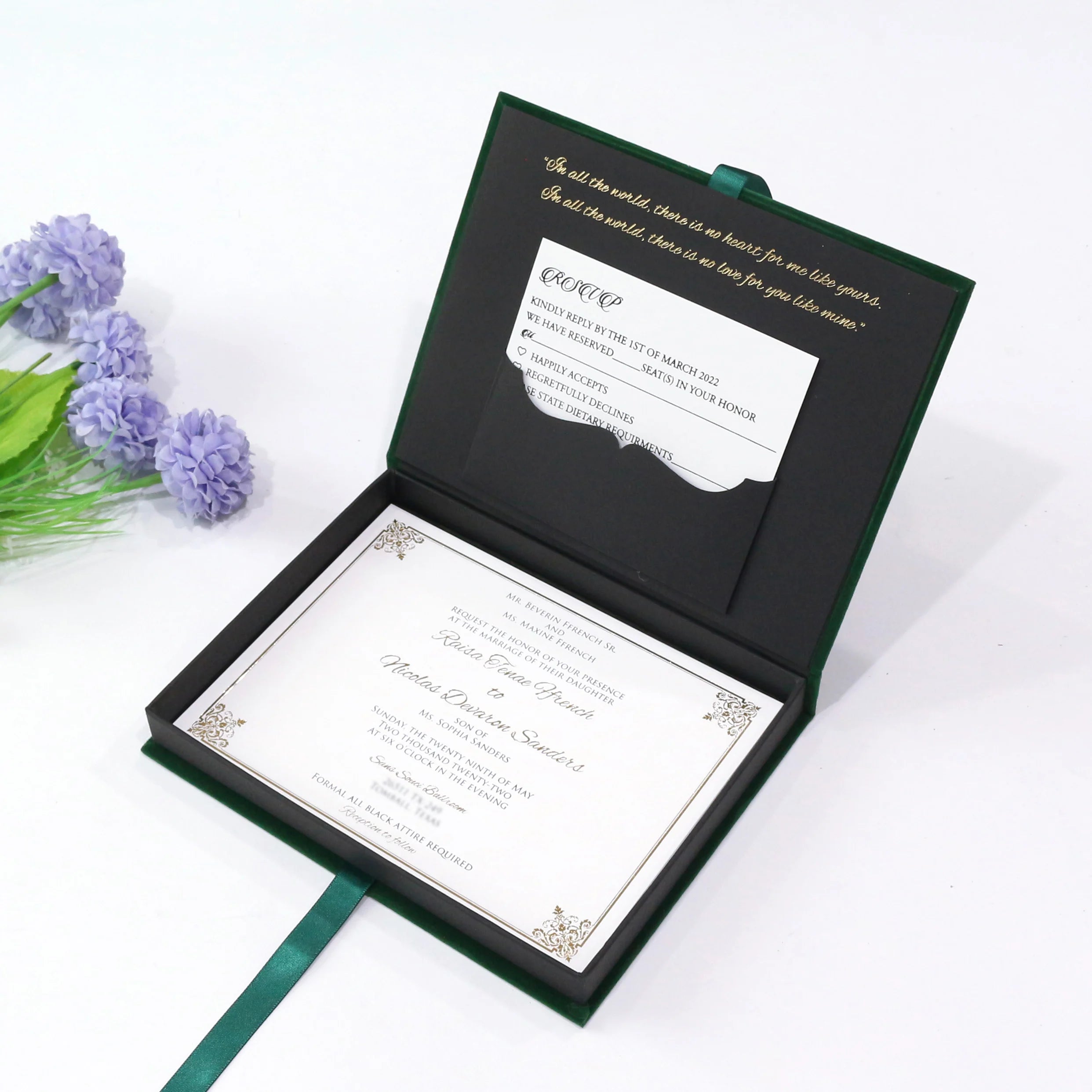 Classic Custom Dark Green Ribbon Hardcover Velvet Pocket Box for Wedding Invitation RSVP Card Packing Guest Favors Birthday Gift