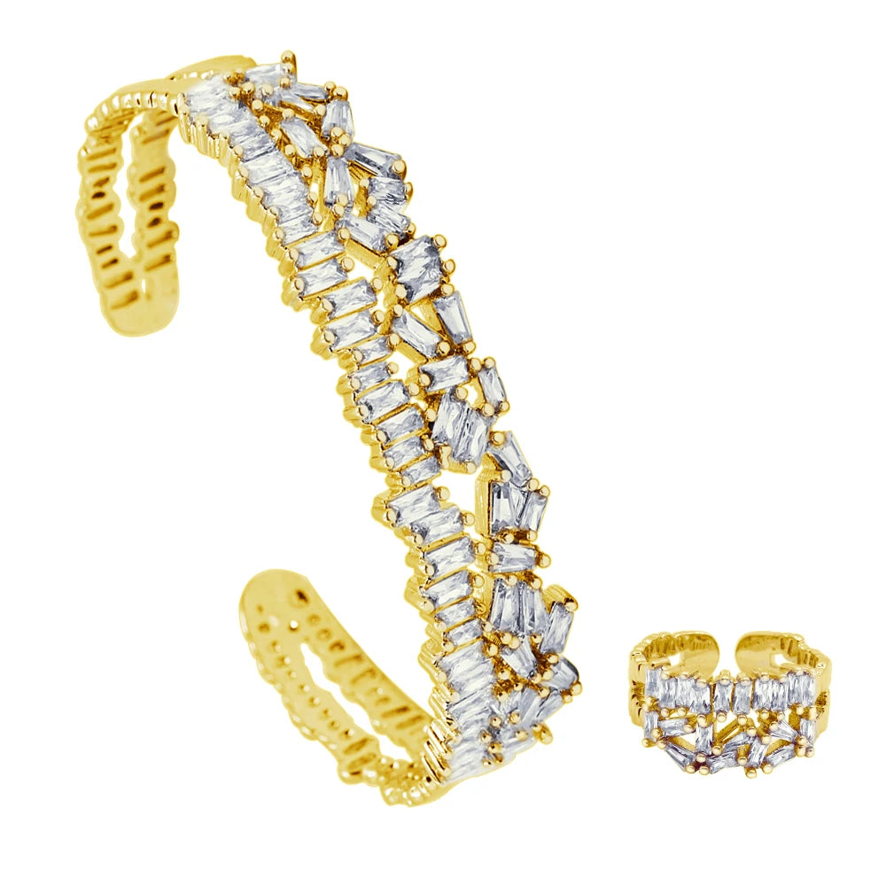 Open Bracelet Ring Jewelry Set Designers Hot Sale Adjustable Brass Cubic Zirconia New Gold Plated Jewelry Sets