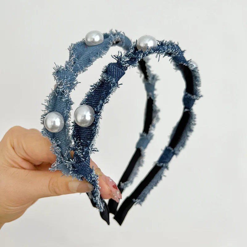 2023 New Korean Pearl Denim Hairband Women Simple Senior Sense Knot Headband Daily Pressure Makeup Hair Bands for Women