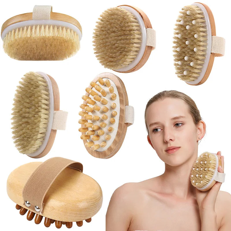 Custom Logo Hand-Held Oval Body Brush Exfoliator Wet Dry Wood Boar Bristle Bath Brush for Dry Skin Massage Made Bamboo Brush