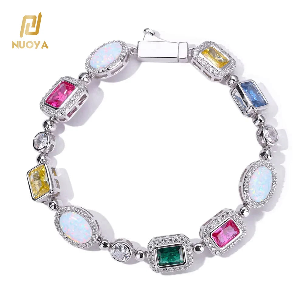 NUOYA Sparkly Geometric Gemstone Chain Women's Jewelry White Gold Plated Brass With Opal Colorful Zircon Link Chain Bracelet