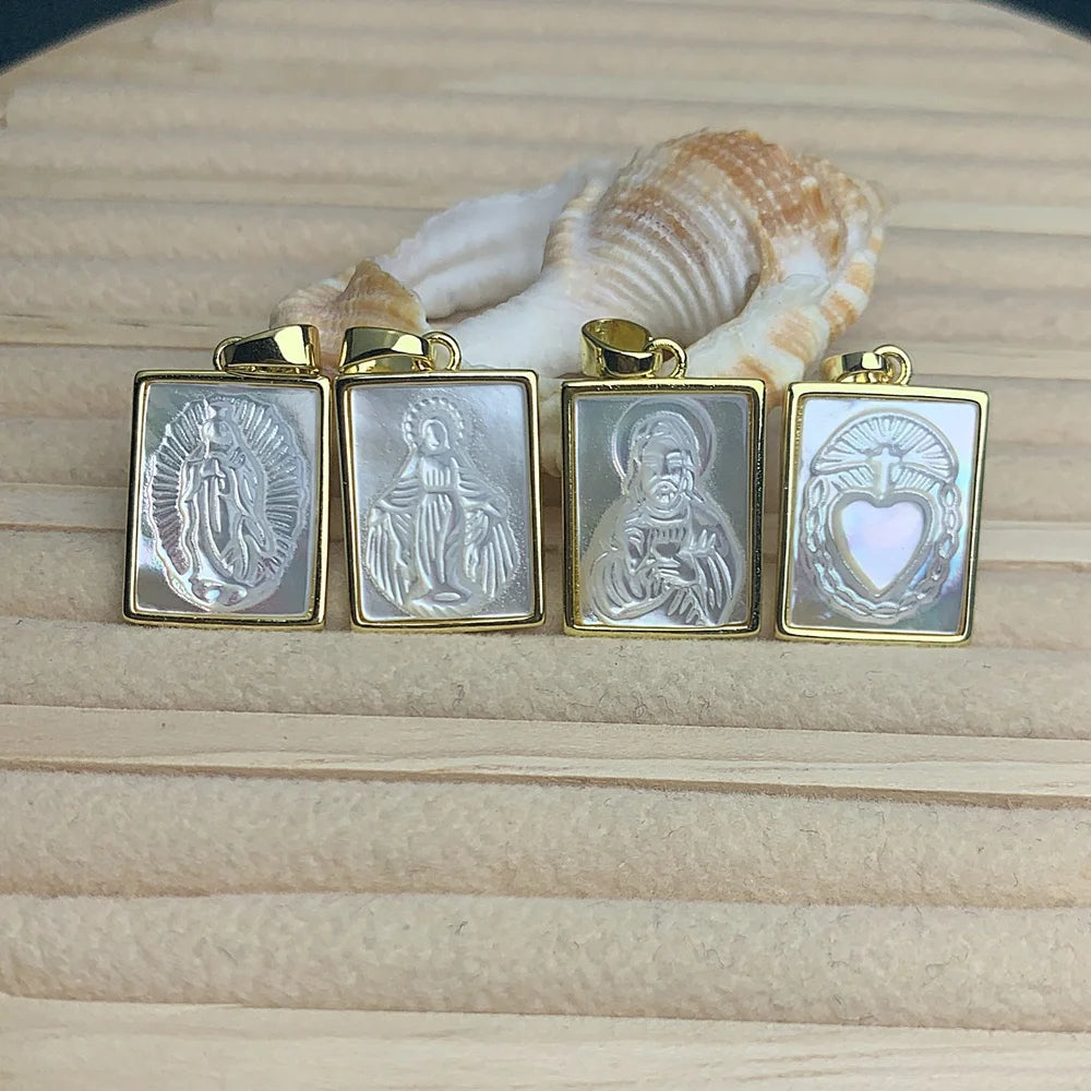 MOP Shell Square Medal Sacred Heart Virgin Mary Guadalupe Jesus Pendants Charms for Jewelry Making Women Religious Necklace