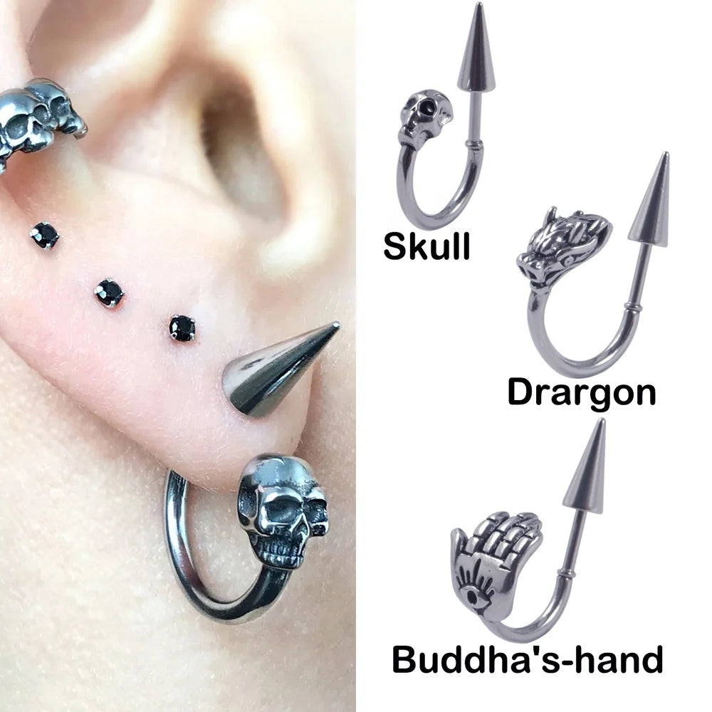 Surgical Steel Earring Spike Skull Cool Punk Devil Horseshoe Unisex Ear Lobe Cartilage Body Piercing Jewelry Gift Neo-Gothic