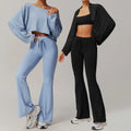 Newest Custom Logo Women Workout 2 Piece Set Off Shoulder Long Sleeve Top Drawstring Flare Leg Pants Yoga Fitness Dance Set