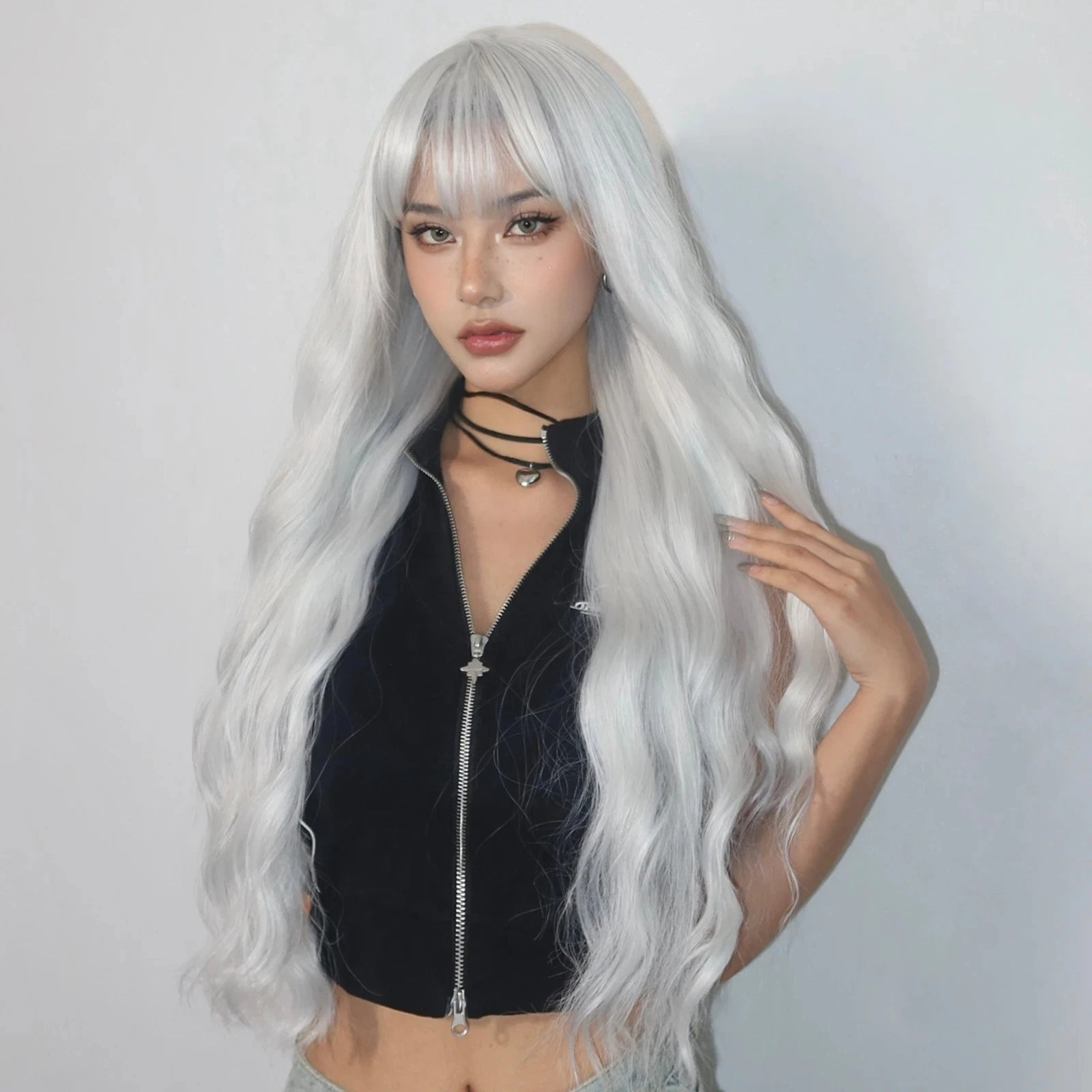 Long White Synthetic Wig for Women Curly Body Wave & Water Wave with Bangs Heat Resistant Fiber for Party Cosplay Fashion Shows