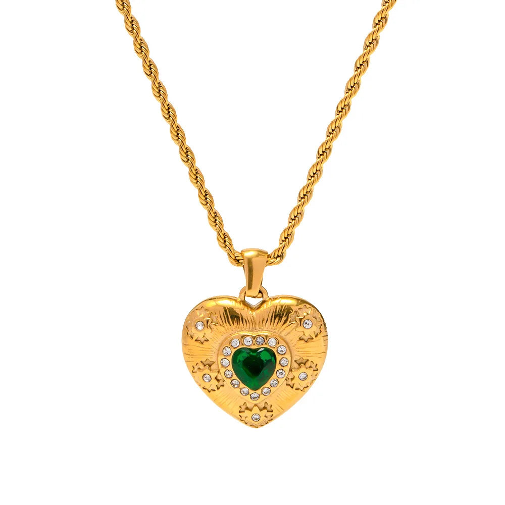 New Design 18K Gold Plated Stainless Steel Jewelry Gift Charm Waterproof Emerald Cubic Zirconia Heart Pendant Necklace for Girls