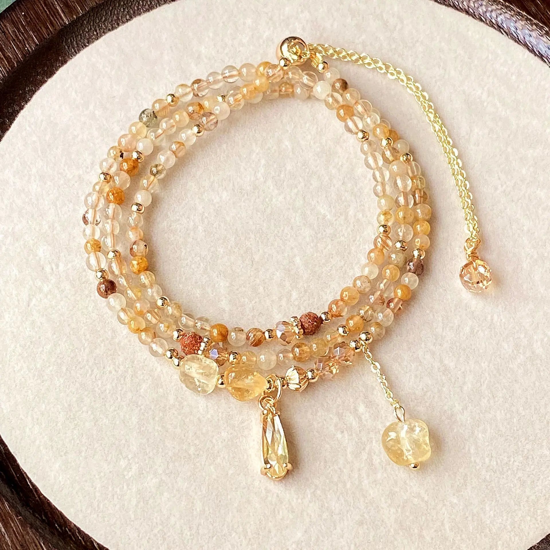 Multi-Layer Caramel Yellow Rabbit Hair Topaz Crystal for Bracelet Gold Plated Rock Crystal Three-Ring Design for Parties