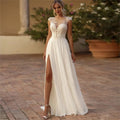 Sweetheart Short Sleeve Lace Applique a Line Sweep Train Bohemian Chiffon Bridal Gowns Ladies Wedding Dress