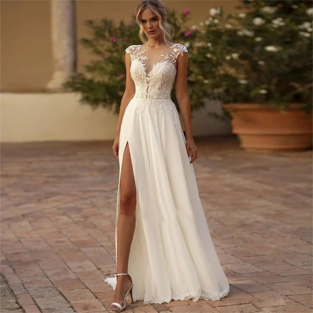 Sweetheart Short Sleeve Lace Applique a Line Sweep Train Bohemian Chiffon Bridal Gowns Ladies Wedding Dress