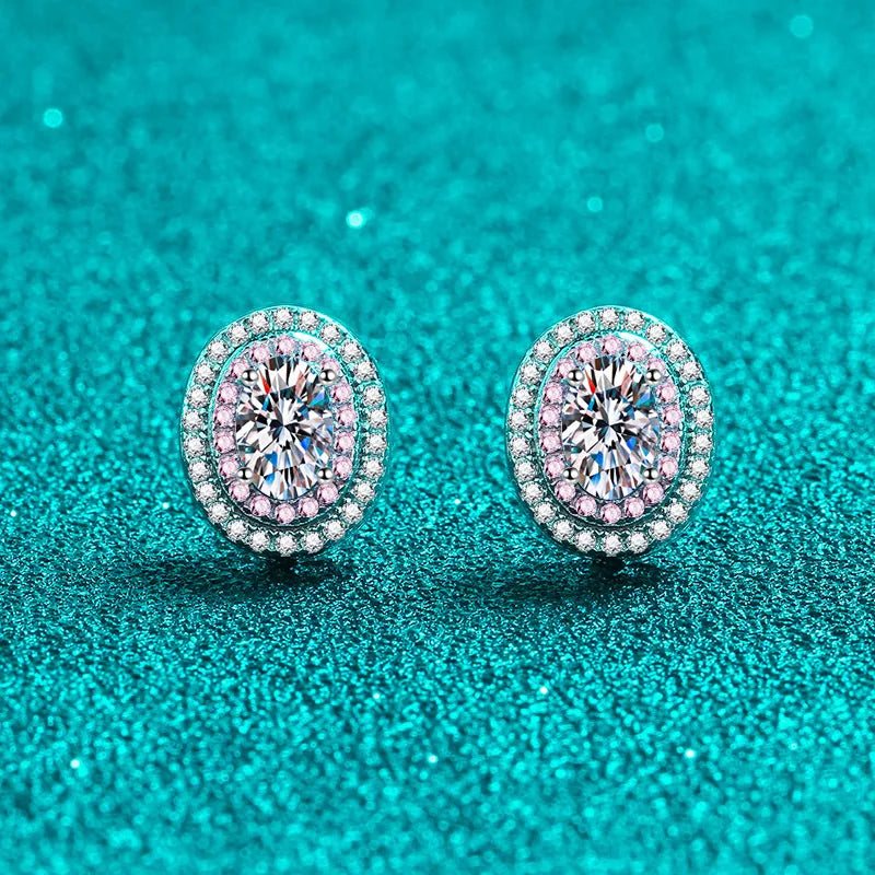Silver 925 Original Diamond Test Past Total 1 Carat Brilliant Cut D Color Oval Moissanite Pink Circle Stud Earrings for Women