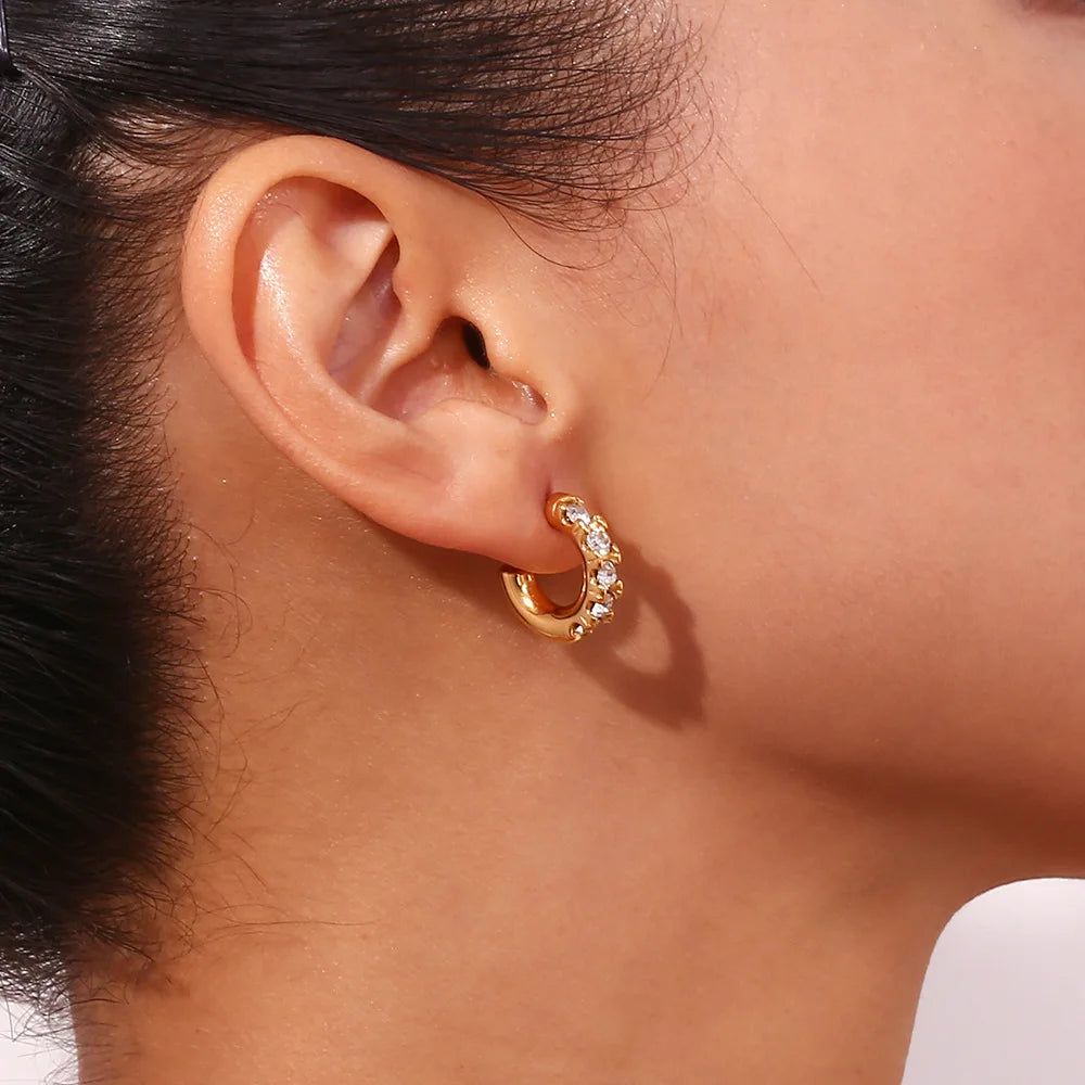 Customized Temperament Hot Earrings Stainless Steel Micro Inlay Zircon C- Shaped Claw Studded Earrings Female Wholesale