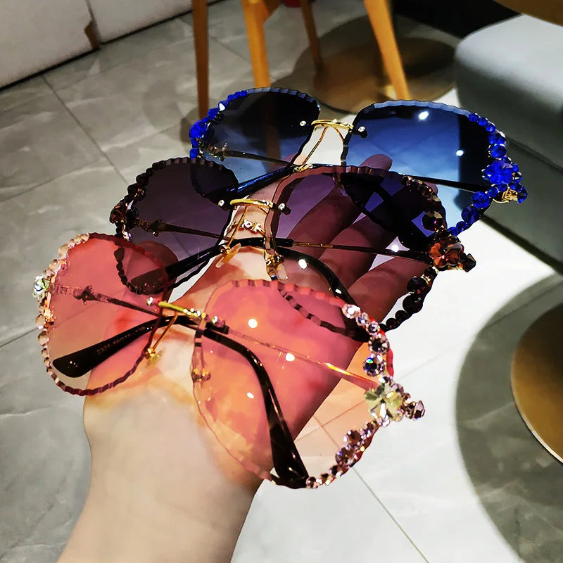 Lbashades  Big Women's Bling Sunglasses Trendy Outdoor Shades Rimless square Diamond Sunglasses 2024