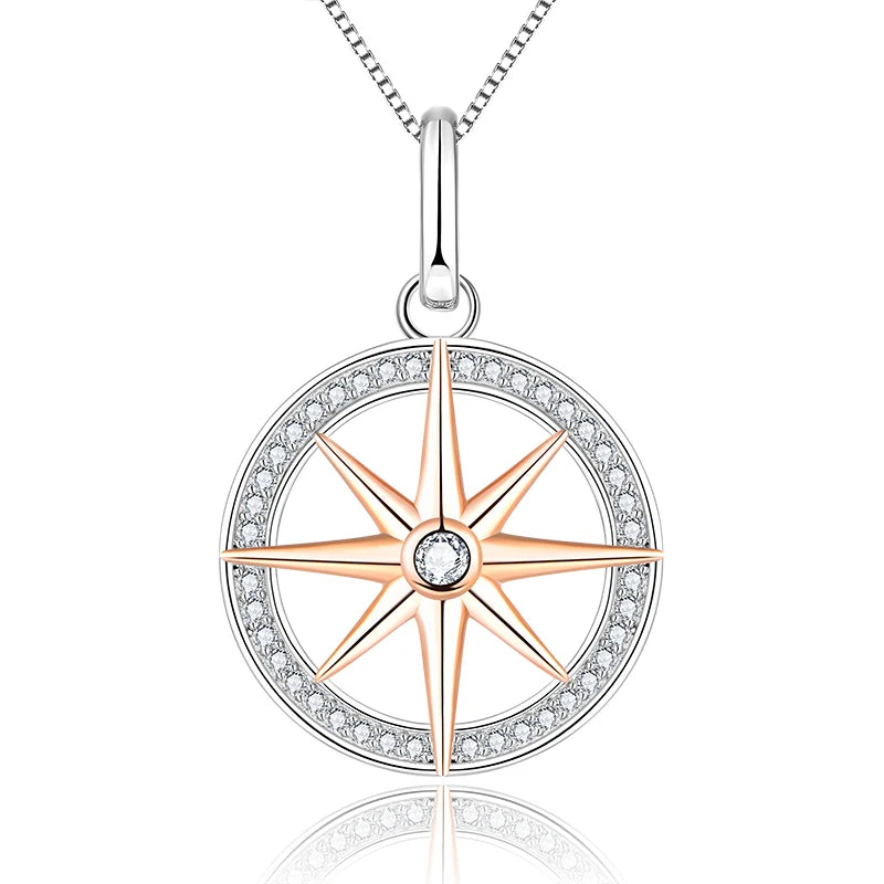 Rose Gold & Rhodium-Plated 925 Sterling Silver Coin Pendant Custom Compass Charm with Zircon North Star Necklace for Parties