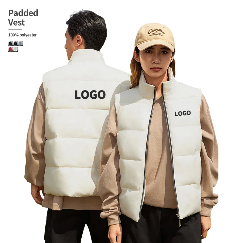 Fashion Winter White Men Warm Puffer Vest Custom Embroidery