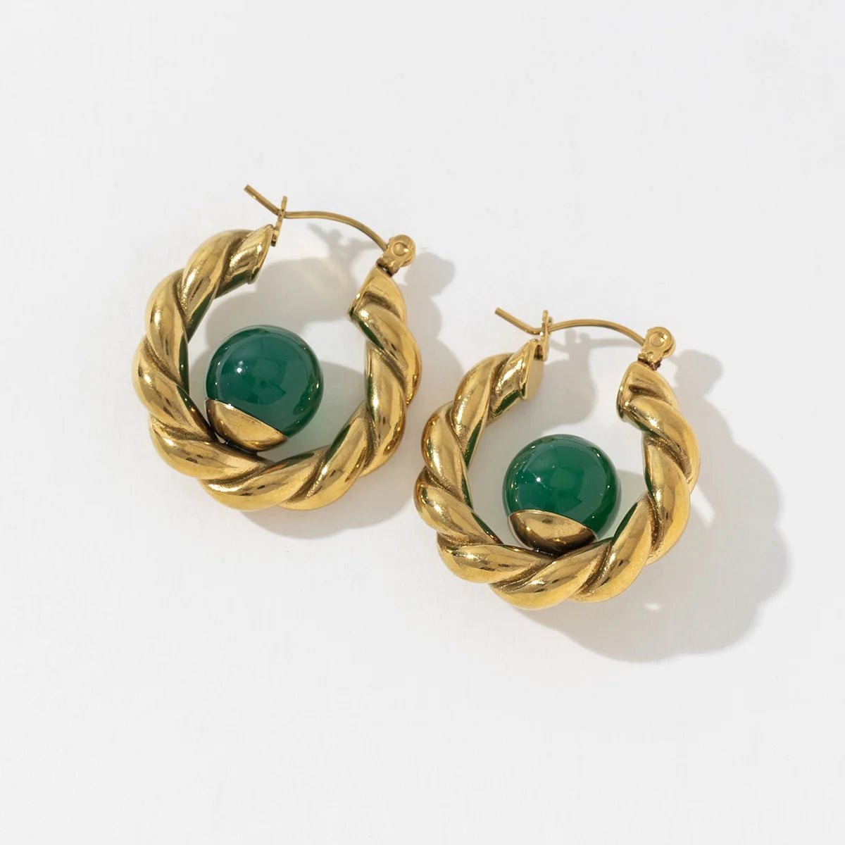 Creative Design 316L Stainless Steel Green Natural Stone Bead Inlay Croissant Custom Jewelry Twisted Design Earring