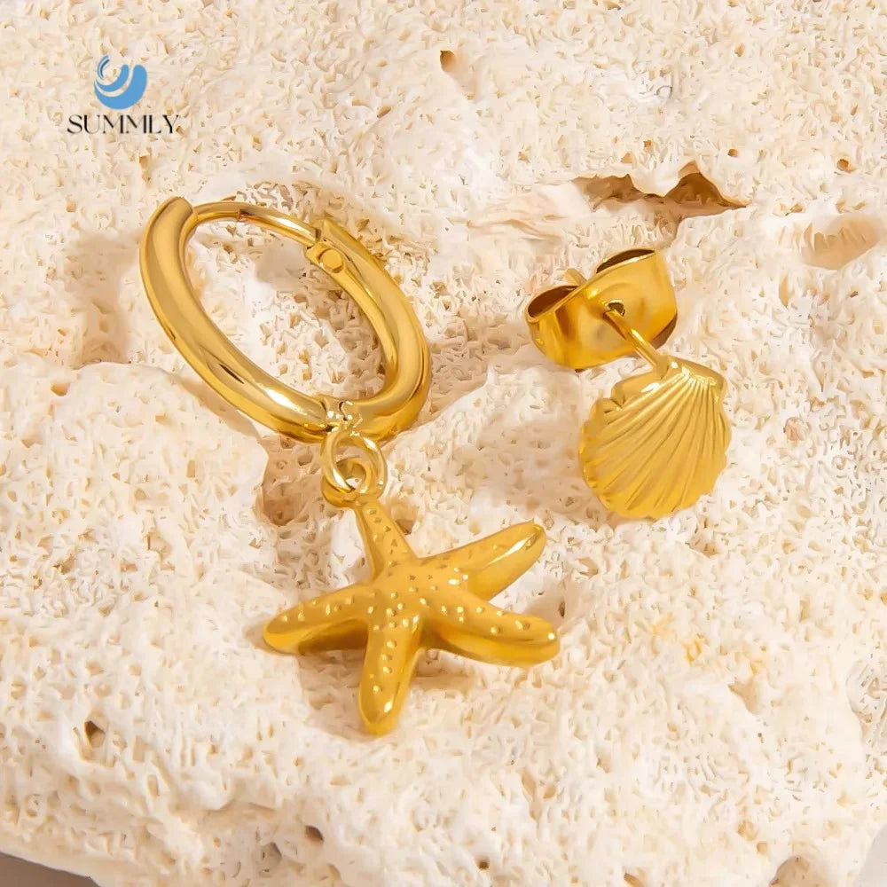 SUMMLY Vintage Wholesale Ocean Starfish Shell 18K Gold Plated Simple Stainless Steel Earrings Accessories Fashion Jewelry