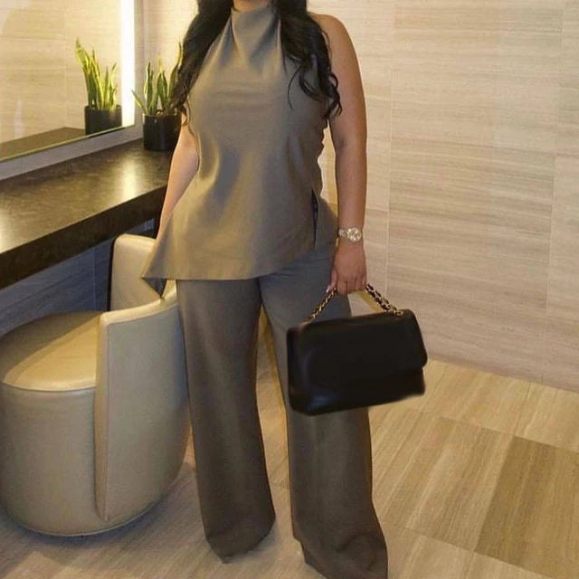 GX6330 Fashion 2024 Women Clothing Vendor Street Wear Halter Sleeveless Irregular Tops and Pant Two 2 Piece Set