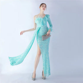 31350# 2024 Craft Ostrich Flounce Side Slit High-end Sequin Evening Dress