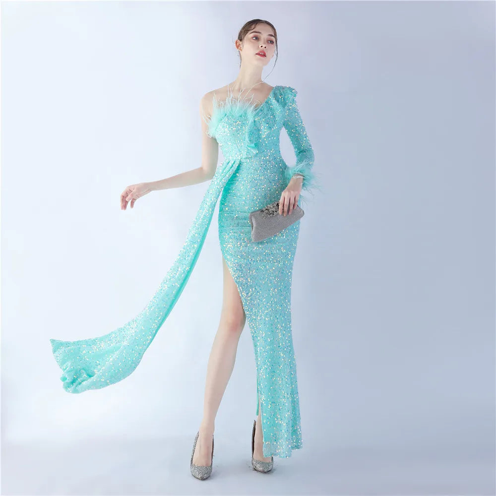 31350# 2024 Craft Ostrich Flounce Side Slit High-end Sequin Evening Dress