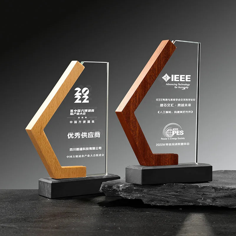 2024 New Design Wooden Crystal Glass Awards Plaque Trophy with Black Stone Base MH-NJ0313