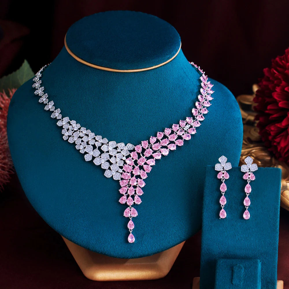 Lovely Super Shiny Pink Cubic Zirconia White Flower V Shape Evening Party Necklace and Earrings Jewelry Set Accessories