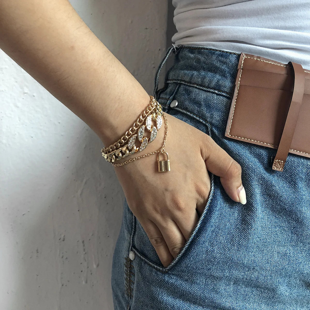 HOVANCI 3 2021 Hip Hops Gold Plated Cuban Link Full Crystal Rhinestone Bracelet Lock Pendant Bracelet for Women
