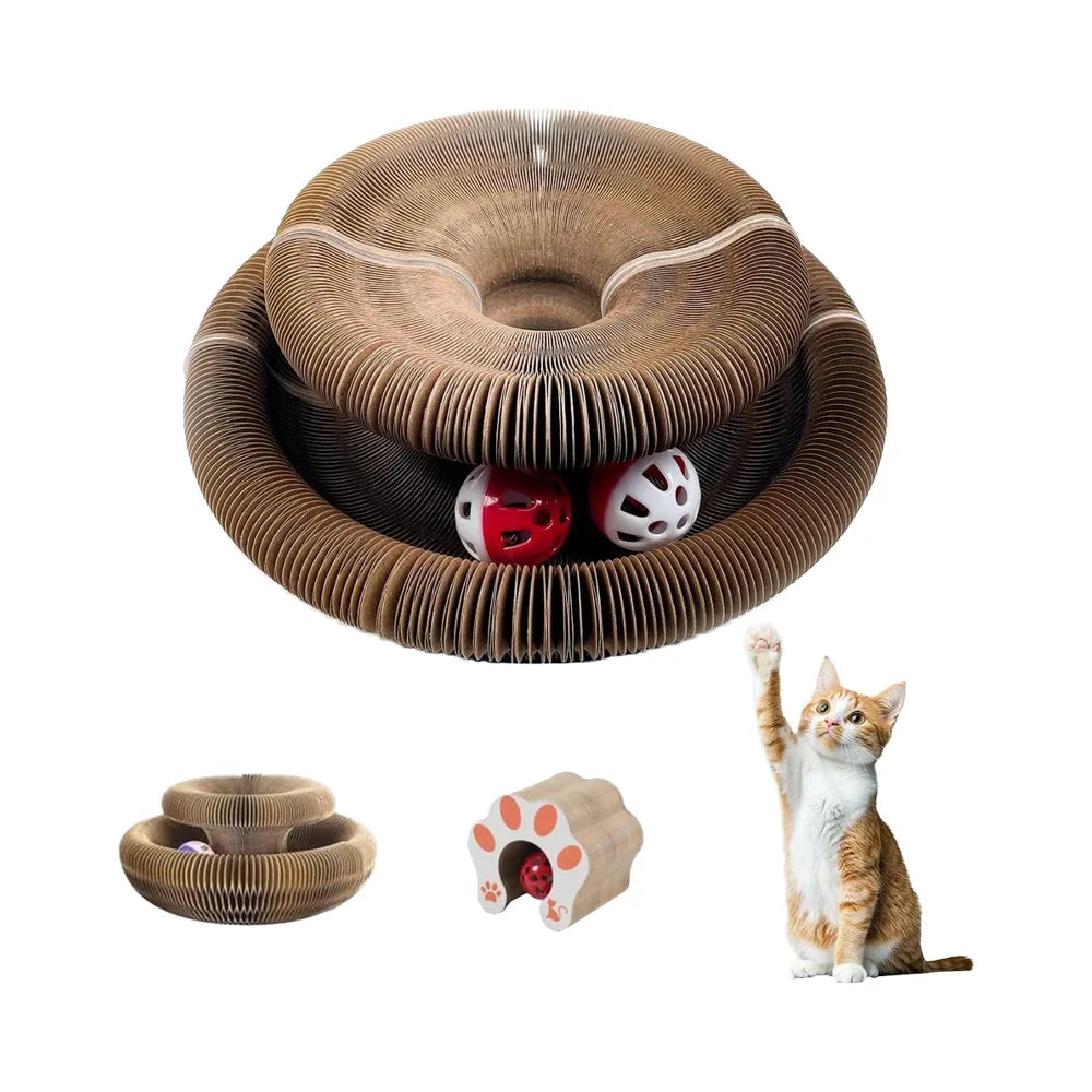 Factory Price Kitty Kurlz Interactive Cat Scratcher Foldable Accordion Cat Tree Bell Ball Engaging Play Cardboard Toy Cats