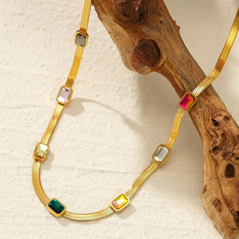 MECYLIFE Luxury Women Colorful Gemstone Necklace 18K Gold Plated Stainless Steel Snake Chain Herrinbone Chain Necklace