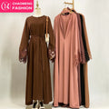 Solid Color Closed Lace Abaya Design Maxi Dress With Matching Floral Lace Sleeve and Front Zipper for Islamic Dubai Muslim Women