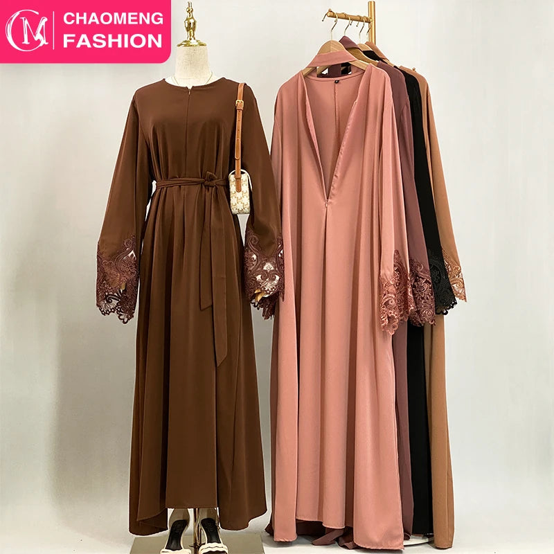Solid Color Closed Lace Abaya Design Maxi Dress With Matching Floral Lace Sleeve and Front Zipper for Islamic Dubai Muslim Women