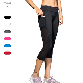 Women Running Fitness 3/4 Length Pants Side Pockets Stretch Legging Capri Trousers Workout Gym Yoga Leggings Capri Pants