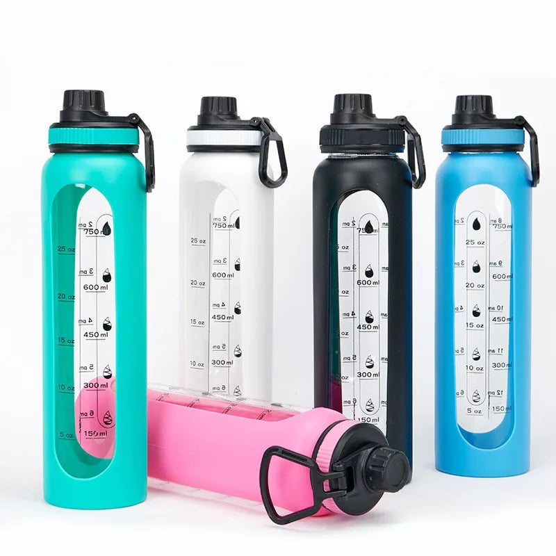 Customized packing box direct drinking timer 1000 ml 1 L 32 oz  Glass Water Bottle with silicone sleeve