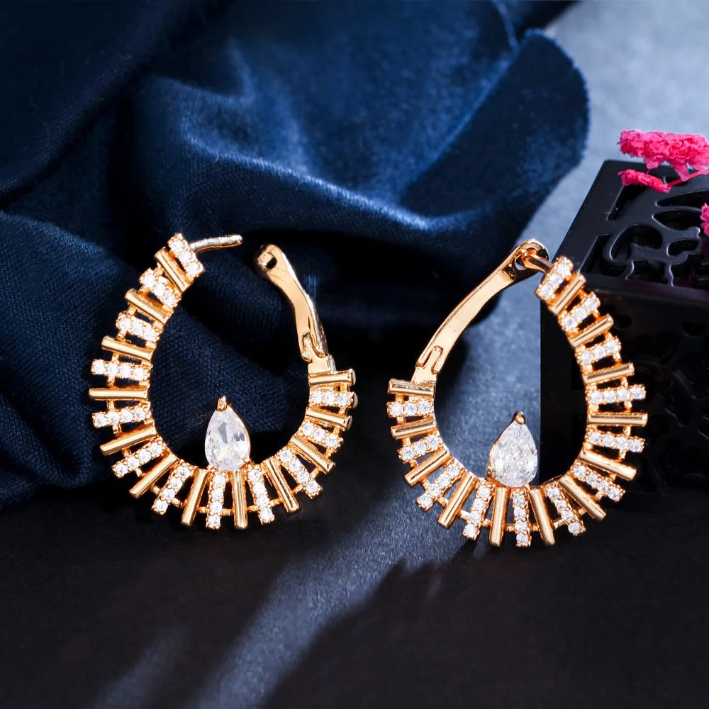 Round Geometric Pear Cut Cubic Zirconia Pave Setting 18k Gold Plated Circle Drop Loop Hoop Earrings Safety Wear Clasp for Women