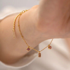 Pink Purple Round Pendant Simple Pendant Layered Necklace Set Gold Plated Stainless Steel Necklace