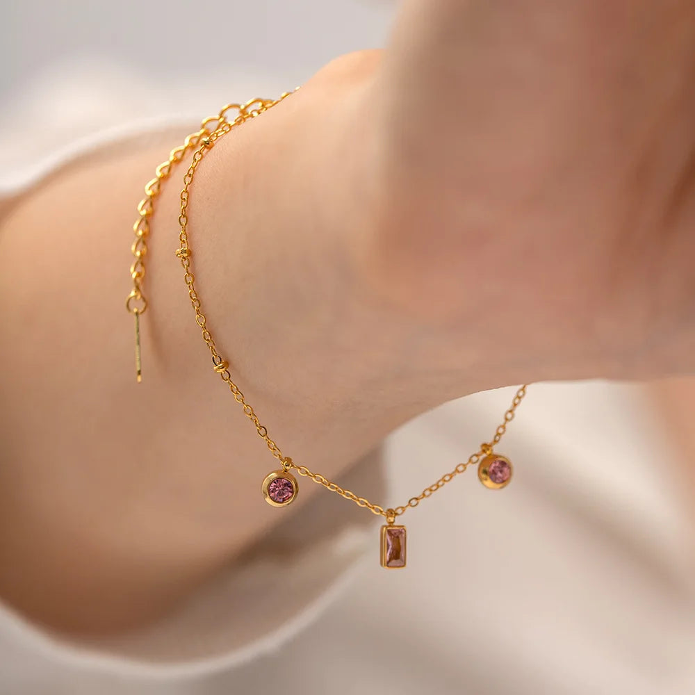 Pink Purple Round Pendant Simple Pendant Layered Necklace Set Gold Plated Stainless Steel Necklace