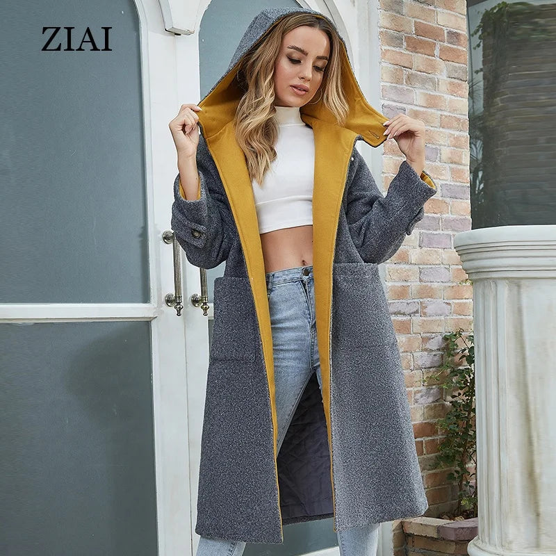 Wholesale Winter Women's Warm Woolen Coat in Stock Korean Hooded Horn Button Woolen Coat New